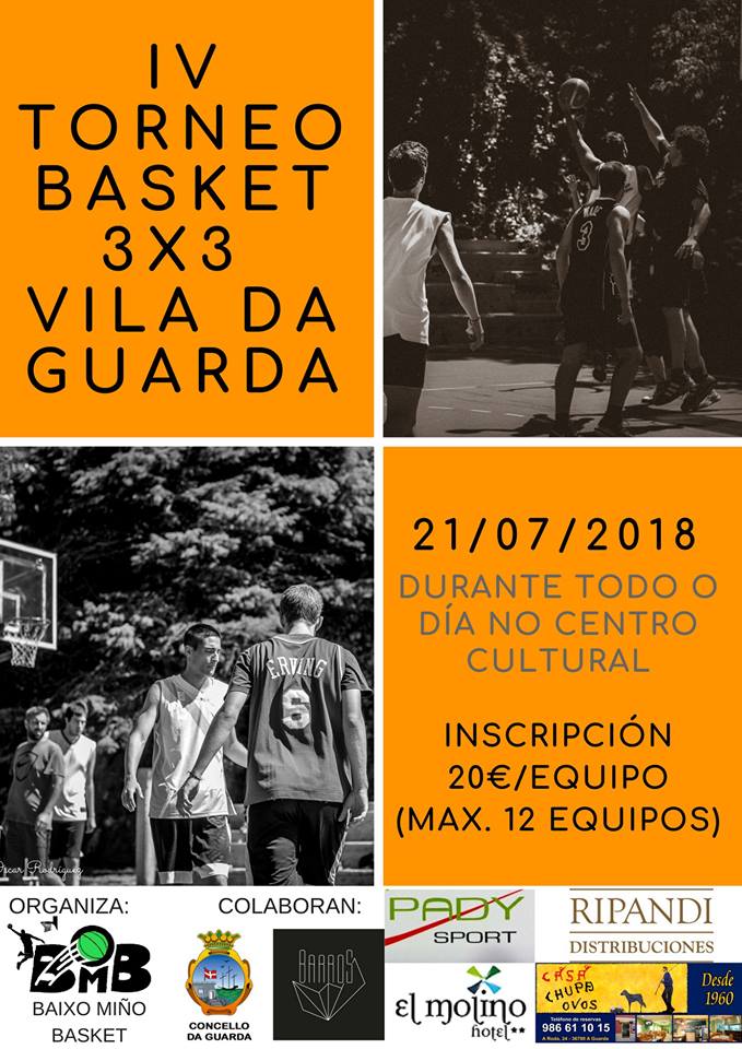 Este sábado día 21 de xullo de 2018, as pistas deportivas do Centro Cultural da Guarda acollen a cuarta edición do Torneo de Baloncesto de verán 3x3 Vila da Guarda.