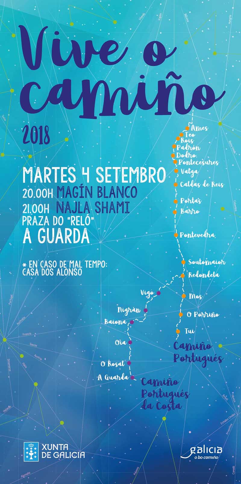 O vindeiro Martes día 4 de setembro de 2018 a Praza do Reló de A Guarda acollerá as actuacións de Magín Blanco e Najla Shami, enmarcadas no programa Vive o Camiño 2018 do Plan Director e Estratéxico do Camiño de Santiago en Galicia 2015-2021.