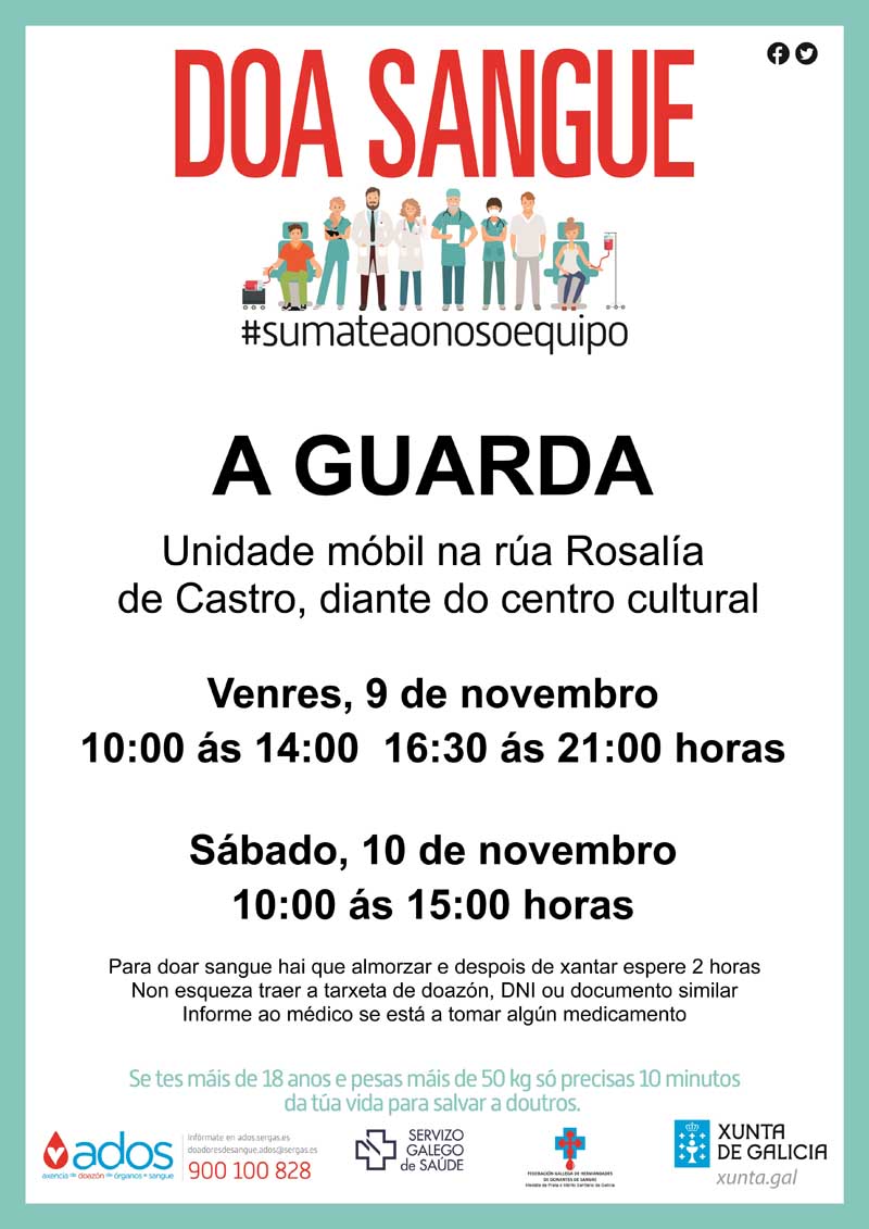 A Unidade Móbil do Centro de Transfusión de Galicia visita A Guarda o 9 e 10 de novembro