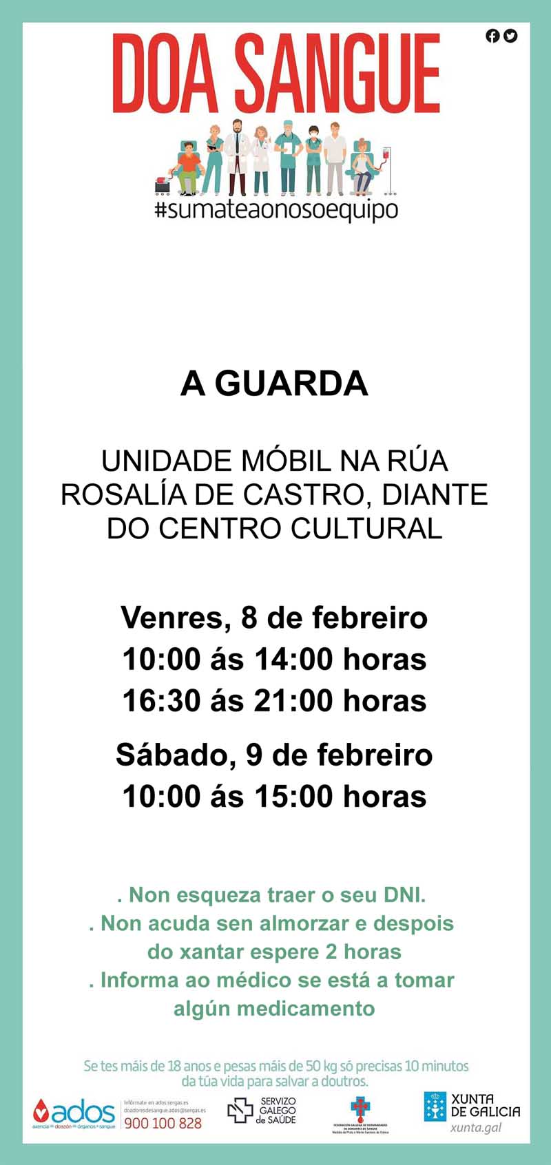 A unidade móbil do Centro de Transfusión de Galicia estará instalada na Guarda o vindeiro venres 8 e sábado 9 de febreiro.