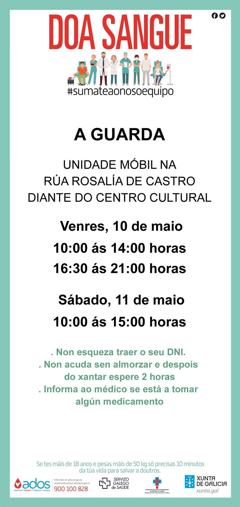 A unidade móbil do Centro de Transfusión de Galicia estará instalada na Guarda o venres día 10 e sábado día 11 de maio.