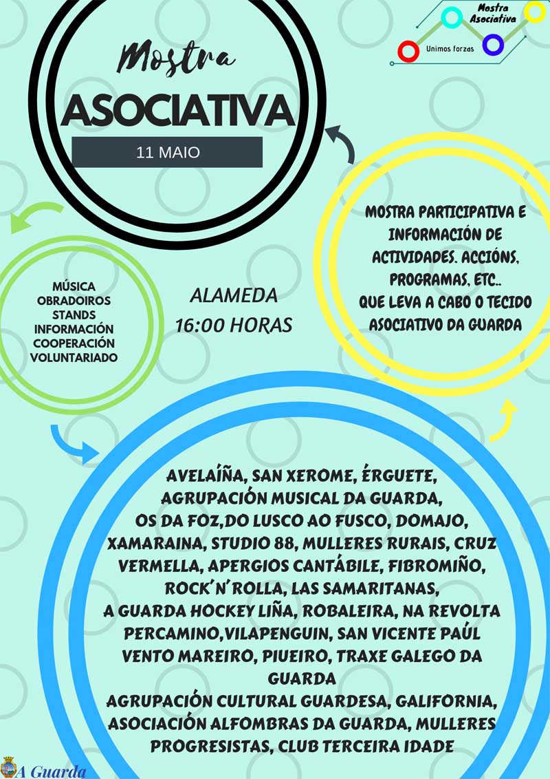 Este sábado día 11 de maio de 2019 a Alameda da Guarda será o escenario, unha vez máis, para a celebración da terceira edición da Mostra Asociativa, un evento multicultural no que as asociacións da vila son as protagonistas dando a coñecer o seu traballo a todos os asistentes.