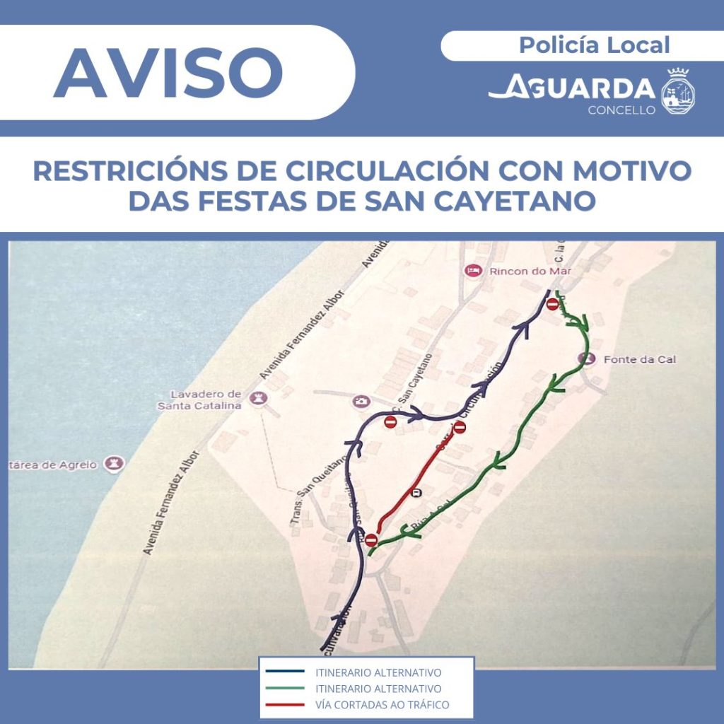 A Policía Local da Guarda informa de restricións de circulación con motivo das Festas de San Cayetano