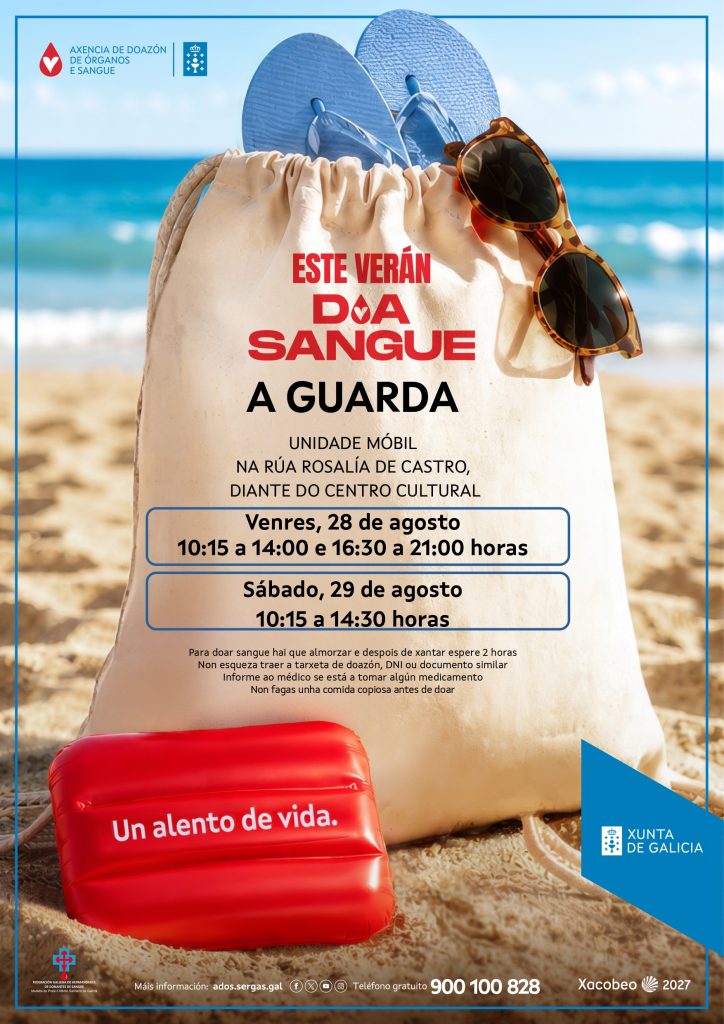 A unidade móbil da Axencia de Doazón de Órganos e Sangue visitará A Guarda os días 28 e 29 de agosto